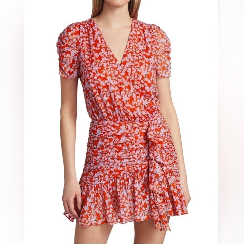 Tanya Taylor Zora Silk Floral V Neck Mini Dress Floral Ruched Cocktail Party Red